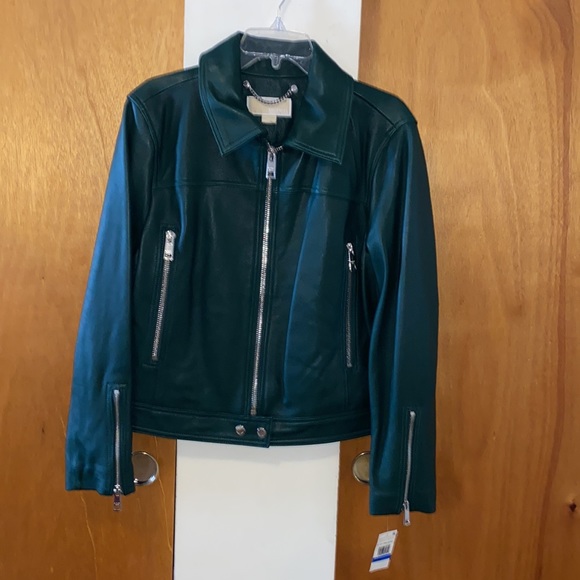💚NWT Michael Kors Green Heavy Genuine Leather Moto Jacket - Picture 9 of 16
